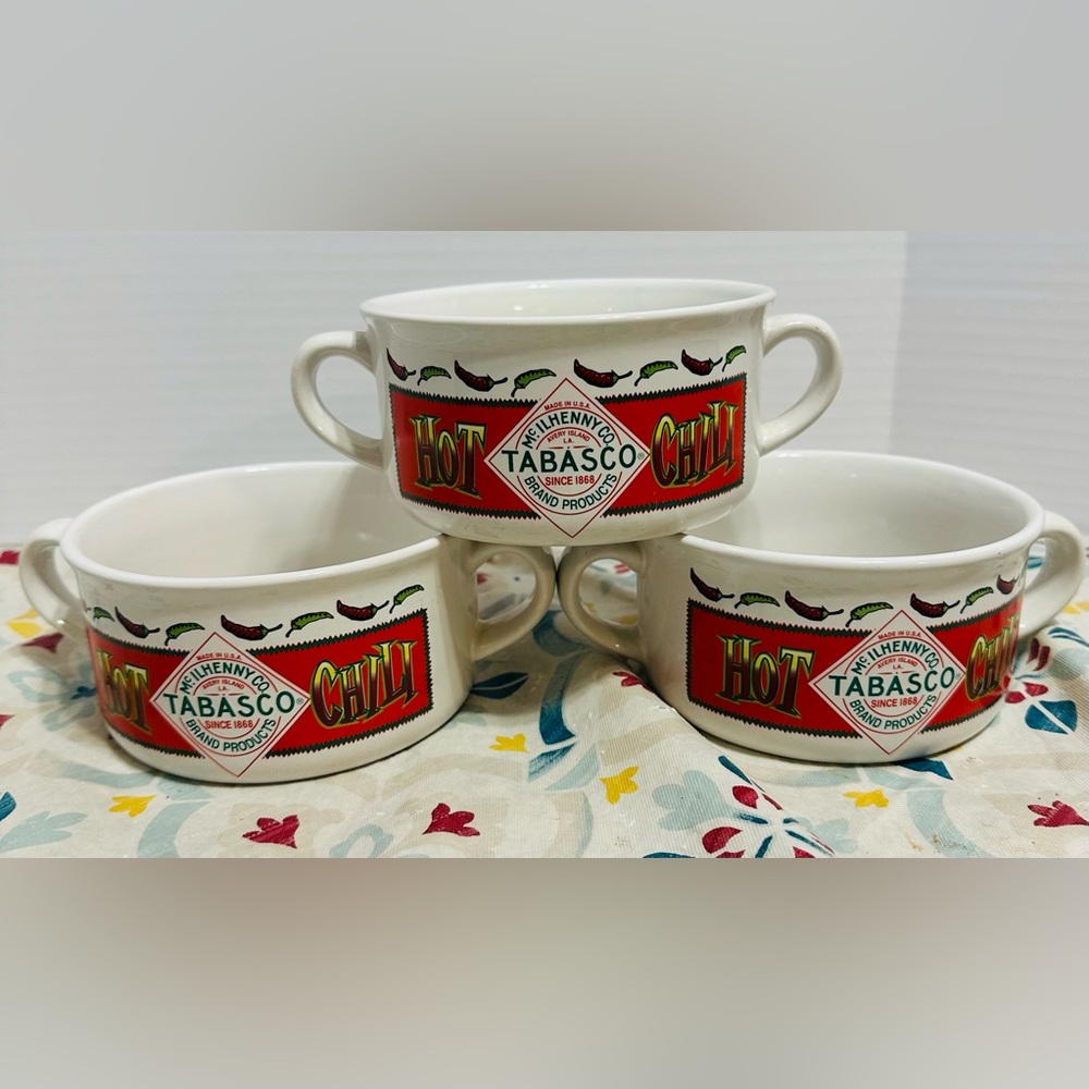 Set of 3 Tabasco Hot Chili Soup Bowls with Handles Tabasco Peppers Red White